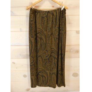 NWT Fashion Bug Women's 2X Maxi Length Skirt Slit Olive-Brown Paisley Metallic